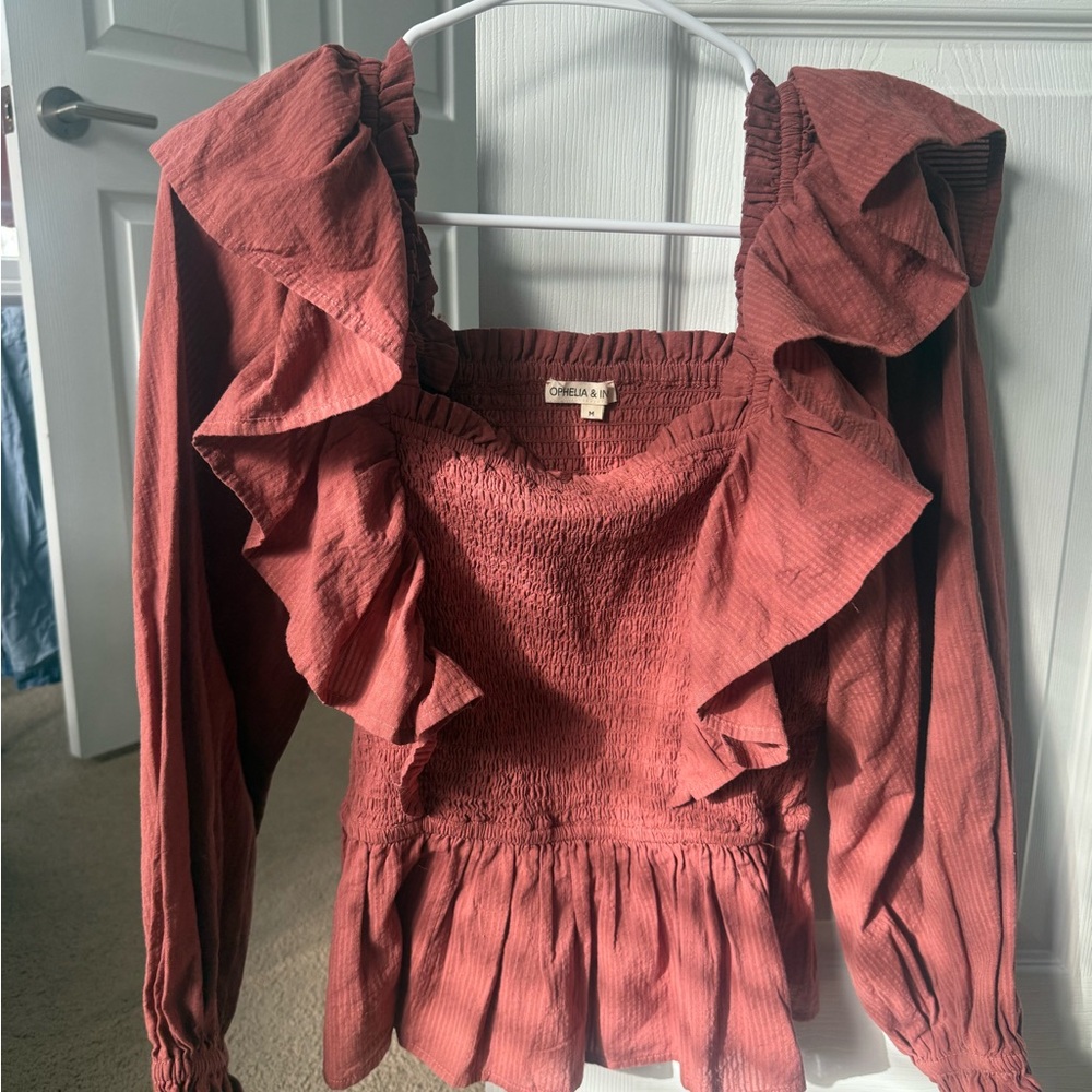 Ophelia & Indigo Ruffled Smocked Blouse - Rust/Brick Red